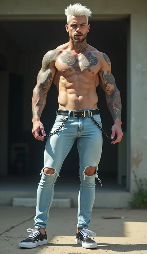 Fullbody standing picture of white skin Handsome  muscular horny nude sexy gay man wearing light blue skinny ripped jean tights, shiny black Disconnected Pompadour oiled hair style, blue eyes, shiny white varnished vinyl vans, red lip, chain, tattoos, horn...