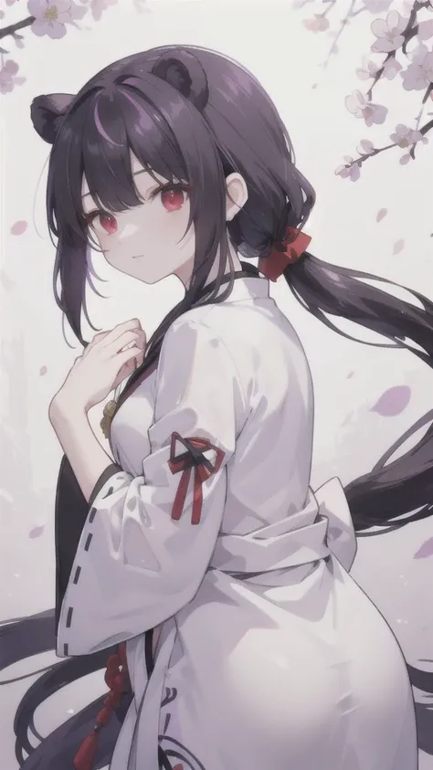 Black Bear，black short ponytail，white side hair，Red eyes，purple hanfu