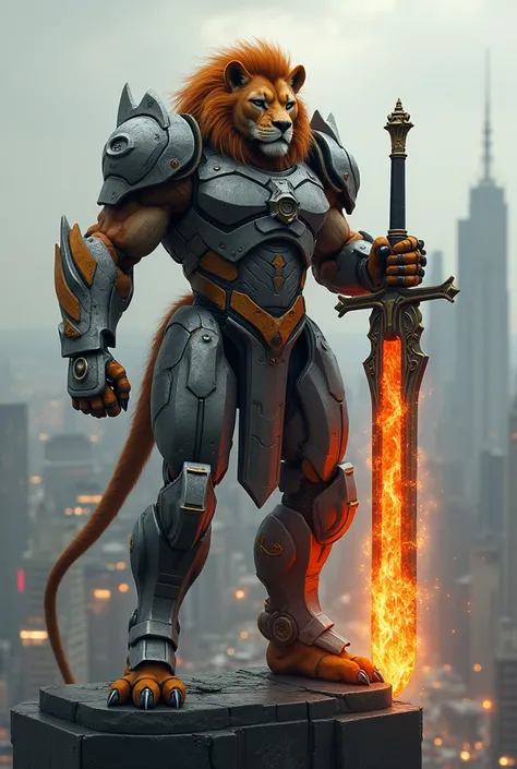 A fierce hybrid of lion and human standing still on a the top of a building, wearing a heavy tech armor, carrying a large sharp flaming double edged sword.