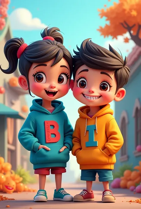 cartoon girl and boy wearing hoodies printed letter B on gril hoddie and letter I on boy hoodie