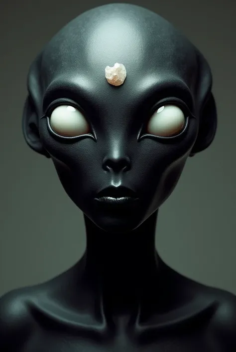 an humanoid Alien, black skin and white eyes, noseless, a crystal on the forehead