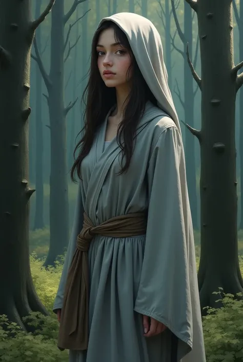 Beautiful girl in gray robe standing in dark forest, Epic Style, Octane Rendering, Desert ingredients, Pretty Face, Surrealism, Oil on canvas, The award-winning, masterpiece, Popular on artstation, Studio Ghibli