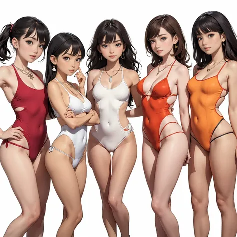 (ultra-detailed),photo-realistic,hyper-realism,masterpiece,(full body portrait),Five girls standing straight,side by side,Japanese Idol,(very different body-types,short-length legs,long torso),peace sign,big smile,too many piercings,bangs,beautiful,soft li...