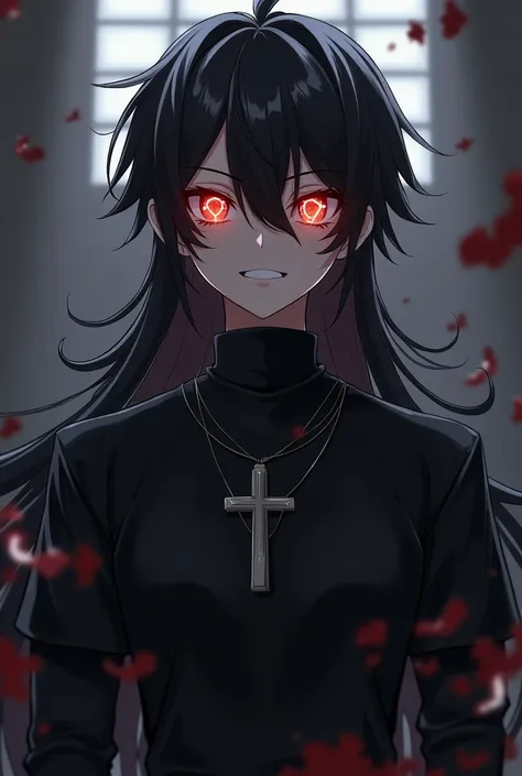 A male character smiling with a mean face,anime with a young appearance with long black hair with very strong fiery eyes with black clothes and with a cross on the chest with a symbol in the eye of Y upside down 