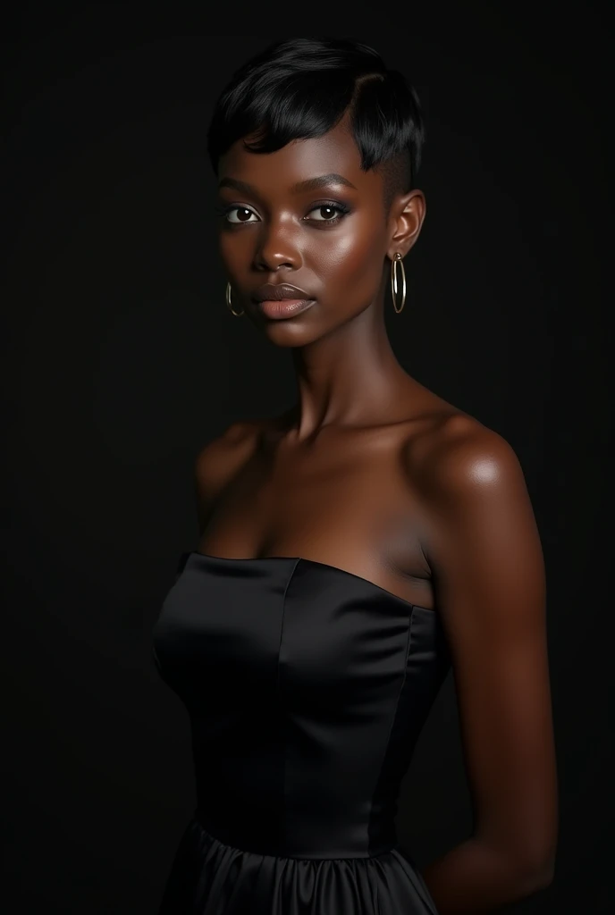 A beautiful dark black skin girl wearing a pretty black dress and having a tipper hair cut 