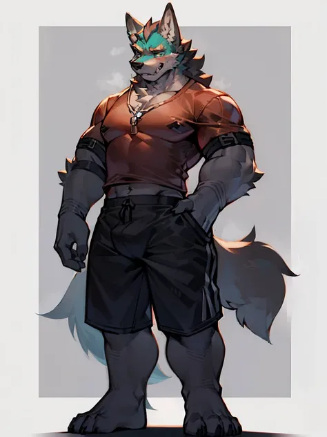 gray wolf orc，Very strong，Full body picture，front，Wear tight shorts，Private part thick，Standing，Hands in front。