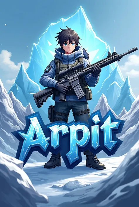 Make a gaming logo with the name of arpit behind name a anime gaming taken a mp g glacier gun of pubg with x suit falco of pubg boy 