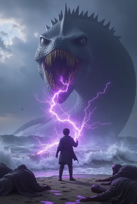 A young man with purple thunder powers throwing thunder spear at giant leviathan with a group of corpse 