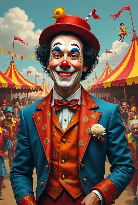 Create a realistic charcoal illustrated image of Colombian comedian Jaime Garzón with a circus aesthetic