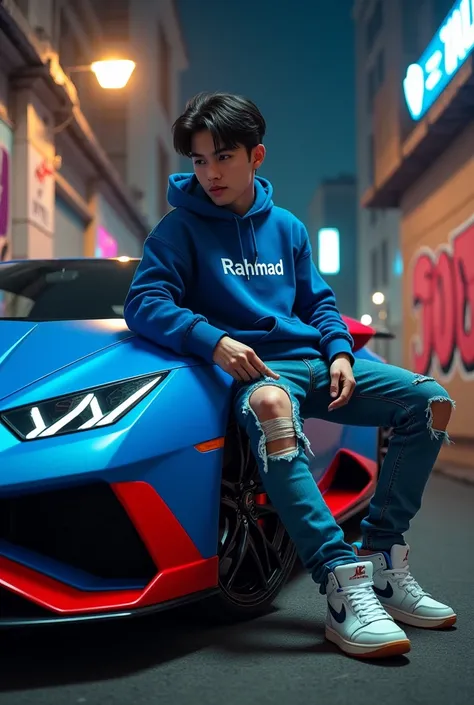 (photorealism:1.2),a 25 year old Indonesian man, Korean Hairstyles , ripped jeans, nike jordan shoes, wearing a blue hoodie that says "Rahmad", graffiti text, clear. sitting pose, holding a cigarette next to a blue and red Lamborghini sports car, city nigh...