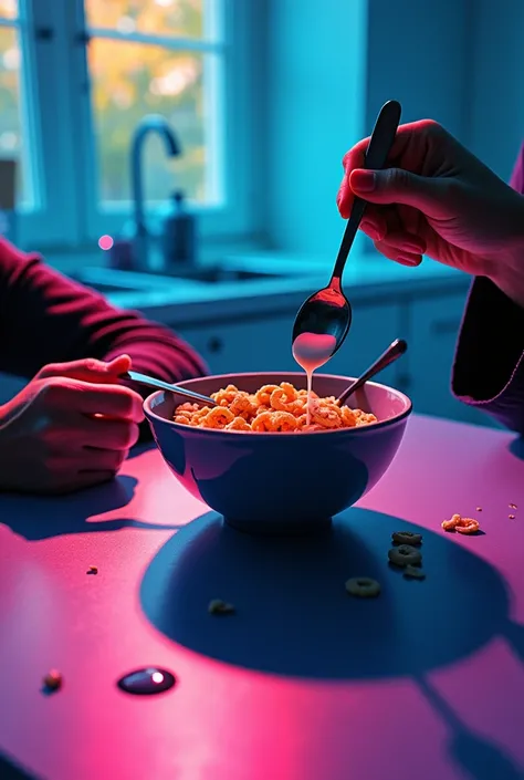 In the foreground, there is a bowl of cereal on the table, two spoons sticking out of the bowl, a dripping drop of milk and a small puddle of milk under the bowl, two black silhouettes of hands, male and female, resting on the table. The background of a bl...