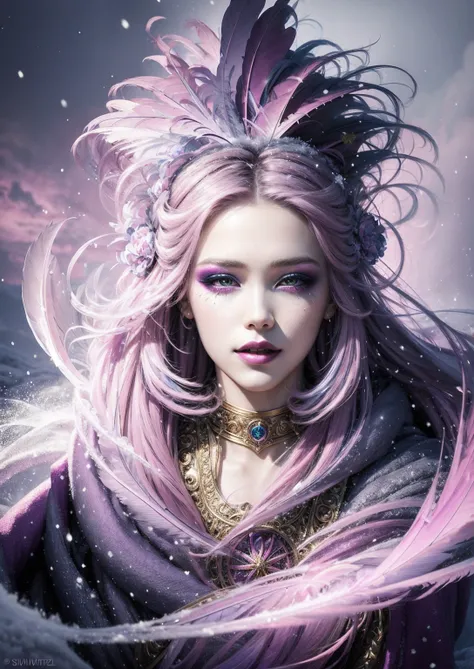 masterpiece, best quality, 1girl, smile, purple and pink swirling vortexes colourful cloudy and smoke and colorful background, (...