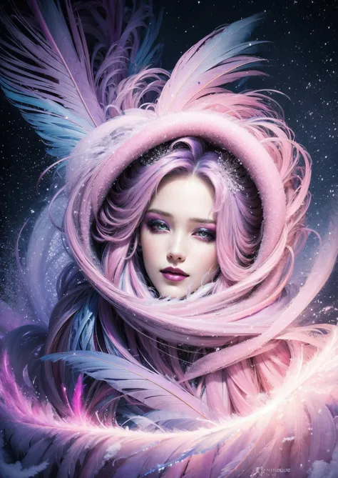 masterpiece, best quality, 1girl, smile, purple and pink swirling vortexes colourful cloudy and smoke and colorful background, (snowing) (( swirling vortexes colourful hair)), wear white fur coat, ((long Hair)), ((right side)), emotional face, close up, st...