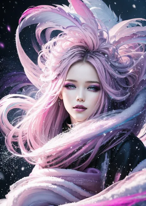 masterpiece, best quality, 1girl, smile, purple and pink swirling vortexes colourful cloudy and smoke and colorful background, (snowing) (( swirling vortexes colourful hair)), wear white fur coat, ((long Hair)), ((right side)), emotional face, close up, st...