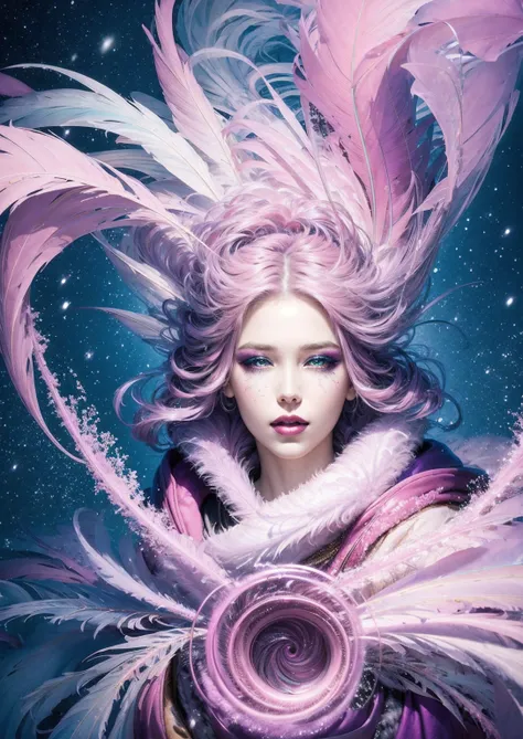 masterpiece, best quality, 1girl, smile, purple and pink swirling vortexes colourful cloudy and smoke and colorful background, (snowing) (( swirling vortexes colourful hair)), wear white fur coat, ((long Hair)), ((right side)), emotional face, close up, st...