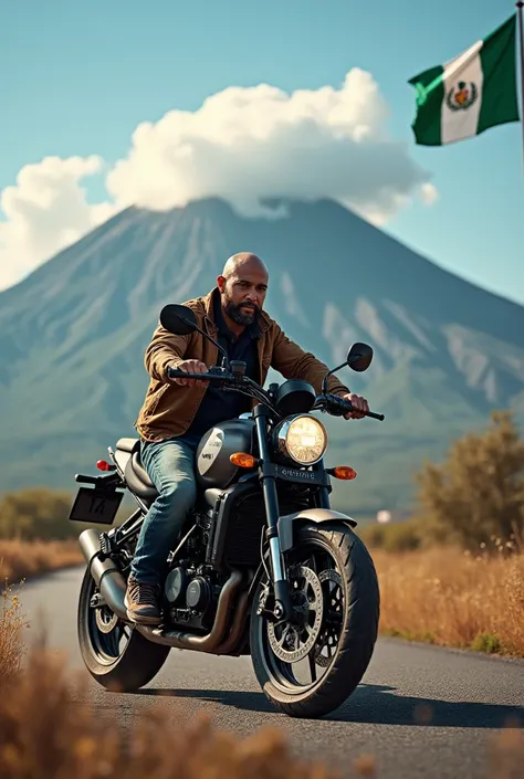 Bald man in his 30s on an adventure-type motorcycle with a volcano in the background and the Guatemalan flag 