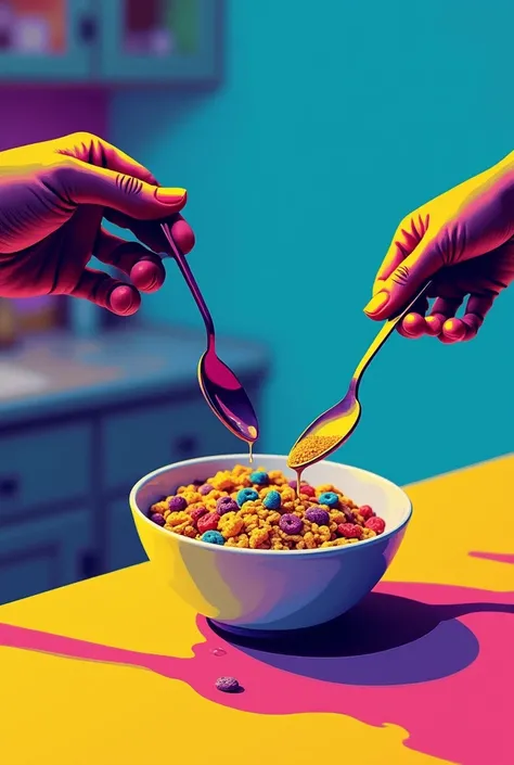 In the foreground, there is a bowl of cereal on the table, two spoons sticking out of the bowl, a dripping drop of milk and a small puddle of milk under the bowl, two black silhouettes of hands, male and female, resting on the table. The background of a bl...