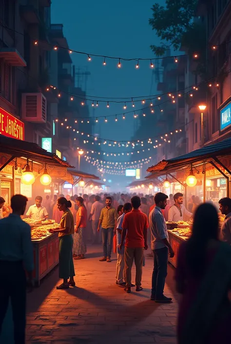 Generate an indian street with food stall and people gathering for purchase a night view of the street 