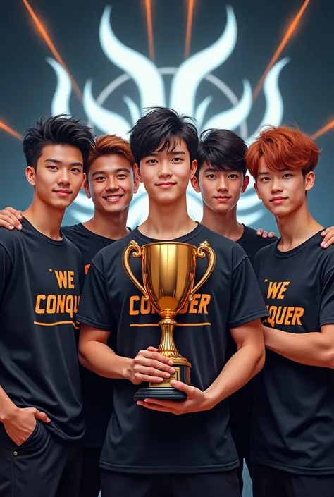 In the circle Four adult boys are showing pro trophy in passport size photo. Four adult boys have different hair colour, different hair style and muscle body. In the background same like gaming logo. They are wearing expensive t-shirt and writing "We Conqu...