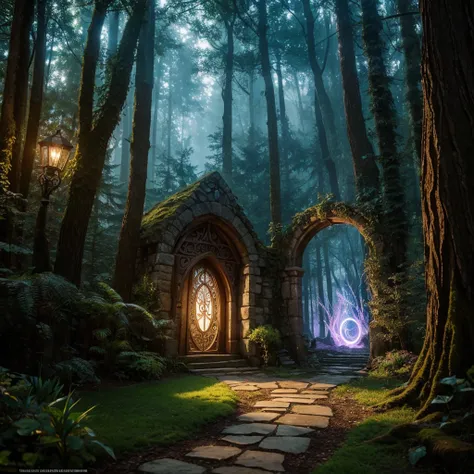 A magical forest at dawn, with a path leading to a glowing portal, symbolizing new opportunities and possibilities. A fairy-like creature stands by the portal, inviting the viewer to step through with the words "Believe in the Magic of New Beginnings" writ...