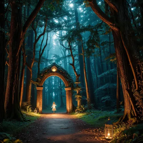 A magical forest at dawn, with a path leading to a glowing portal, symbolizing new opportunities and possibilities. A fairy-like creature stands by the portal, inviting the viewer to step through with the words "Believe in the Magic of New Beginnings" writ...