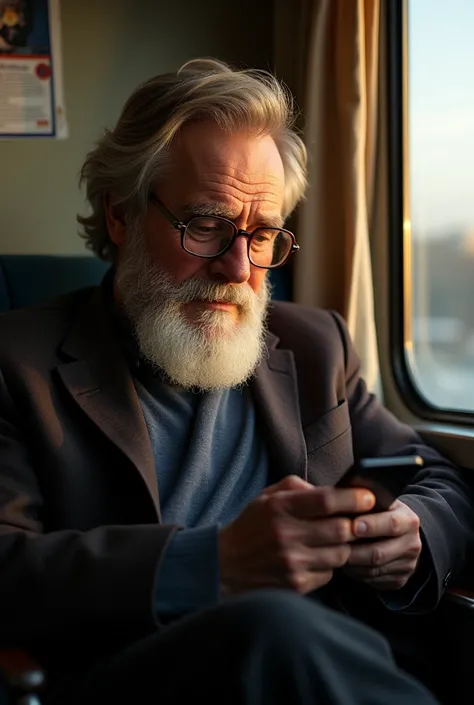 a man with beard sitting in a train, aged, light coming from the window, man looking at mobile phone, evening time, (best quality, 4k, 8k, highres, masterpiece:1.2), ultra-detailed, realistic, photorealistic, photo-realistic:1.37, HDR, UHD, studio lighting...