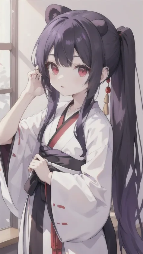 Black Bear，Black and white twin ponytails，Red eyes，petite body，purple hanfu