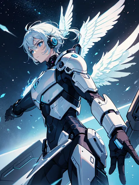 A man in futuristic technological armor with ologram-shaped angel wings and a fearless expression looking seriously forward 