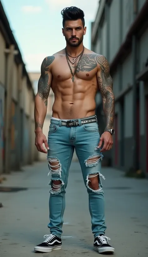 Fullbody standing picture of white skin Handsome  muscular horny nude sexy gay man wearing light blue skinny ripped jean tights, shiny black Disconnected Pompadour oiled hair style, blue eyes, shiny black varnished vinyl vans, red lip, chain, tattoos, horn...