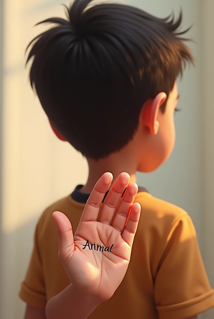 Make a pic of cute boy back side hand and write Anmol name on the hand 