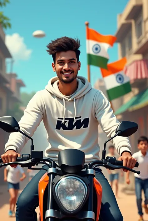 realistic Indian 18 year old boy sitting KTM bike Holding Indian flag and celebrating India festival happy independence day with background of blue sky in Indian Street and boy wearing white hoodie with name”Rajan’ style hair on it by the way childrens are...