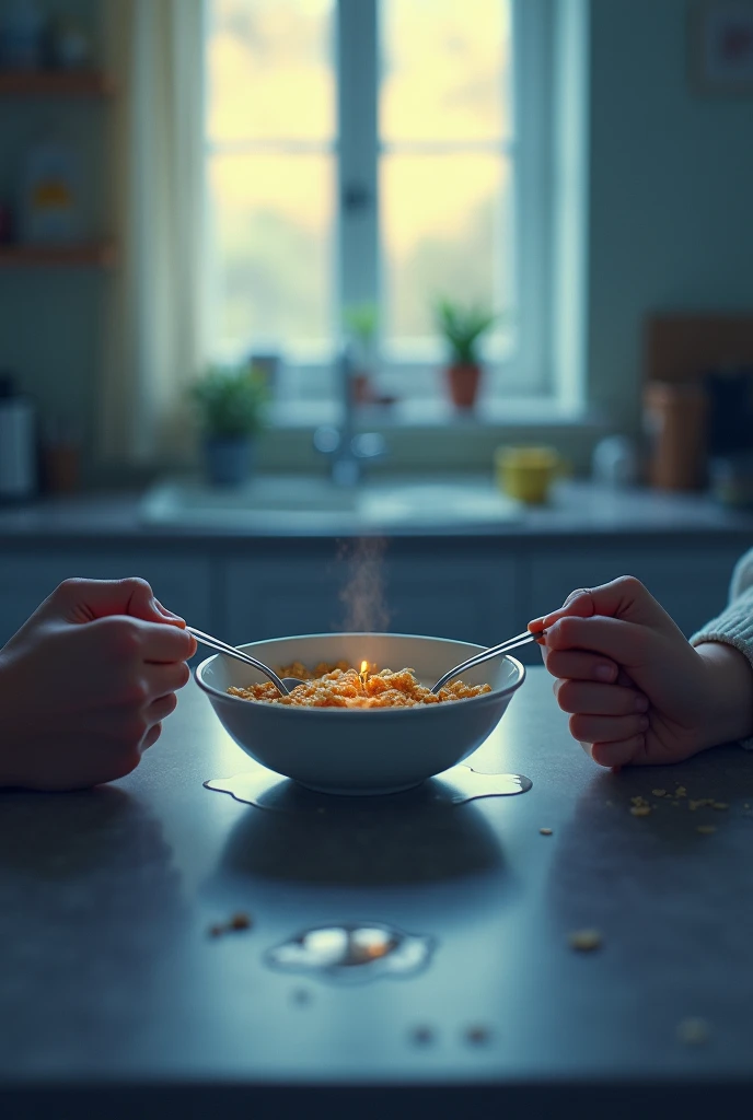 Picture on the cover of the book. In the foreground, there is a bowl with milk and cereal on the table, two spoons are sticking out of the bowl, a dripping drop of milk and a small puddle of milk under the bowl, only two black silhouettes of hands, a mans ...