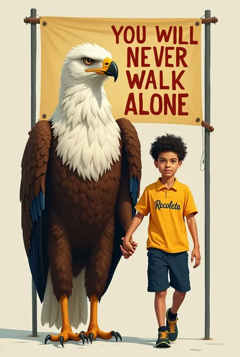 Banner that says "You will never walk alone" and next to it an image of a humanoid eagle walking hand in hand with a high school student wearing a yellow polo shirt that says Recoleta in white letters with navy blue shorts 