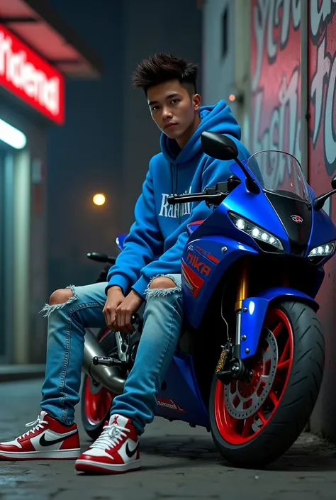 (photorealism:1.2),a 25 year old Indonesian man, Korean Hairstyles , ripped jeans, nike jordan shoes, wearing a blue hoodie that says "Rahmad", graffiti text, clear. sitting pose, holding a cigarette next to a blue and red Ninja H2 sports motorbike, city n...