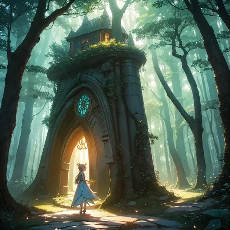 A magical forest at dawn, with a path leading to a glowing portal, symbolizing new opportunities and possibilities. A fairy-like creature stands by the portal, inviting the viewer to step through with the words "Believe in the Magic of New Beginnings" writ...