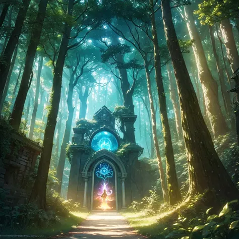 A magical forest at dawn, with a path leading to a glowing portal, symbolizing new opportunities and possibilities. A fairy-like creature stands by the portal, inviting the viewer to step through with the words "Believe in the Magic of New Beginnings" writ...