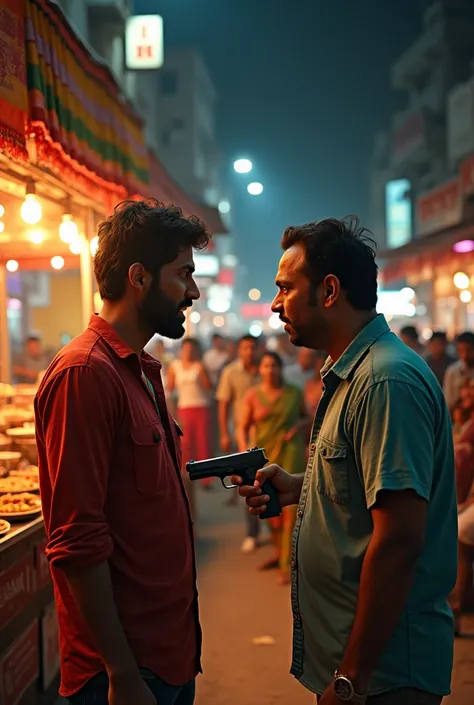 Generate an indian street with food stall and people gathering for purchase a night view of the street 
  And one young man look staring to another man for angry face and looking for fight 
The one man with  gun and he is hiding in his hand