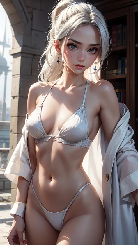 (best quality, masterpiece:1.2), ultra high res, realistic, front lighting, intricate detail, Exquisite details and textures, 1girl, solo ,(young), face highlight, upper body, detailed face, tear mole, white skin, silver hair, ponytail, braid hair, looking...