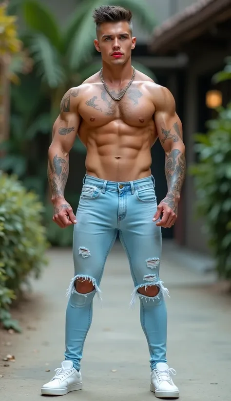 Fullbody standing picture of white skin Handsome  muscular horny nude sexy gay boy wearing light blue skinny ripped jean tights, shiny black Disconnected Pompadour oiled hair style, blue eyes, shiny white varnished vinyl vans, red lip, chain, tattoos, horn...