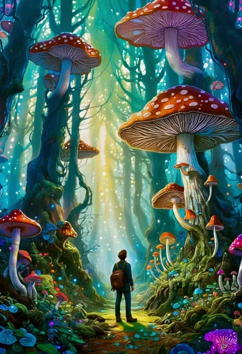 A painting，The painting shows a forest full of mushrooms，A man stands in the middle, Mushroom Galaxy, Mushroom forest, mushroom trees, James R. European Aviation Agency, Whimsical fantasy landscape art, Bizarre forest, Psychedelic Forest, Enchanted Forest,...