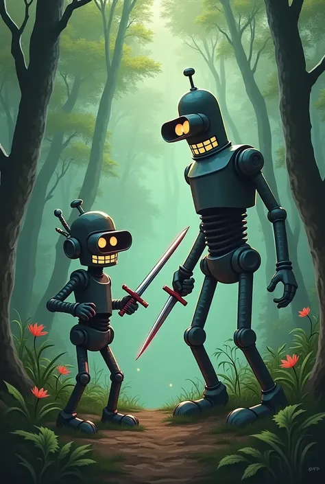 Bender from Futurama fighting Robocop in a forest with swords

