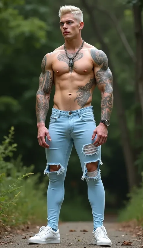 Fullbody standing picture of white skin Handsome  muscular horny nude sexy gay boy wearing light blue skinny ripped jean tights, blond Disconnected Pompadour oiled hair style, blue eyes, shiny white varnished vinyl vans, red lip, chain, tattoos, horny, cum...