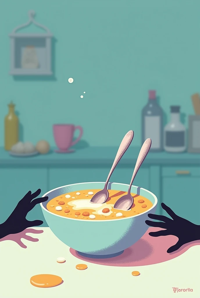 Picture on the cover of the book. In the foreground, there is a bowl with milk and cereal on the table, two spoons are sticking out of the bowl, a dripping drop of milk and a small puddle of milk under the bowl, only two black silhouettes of hands, a mans ...