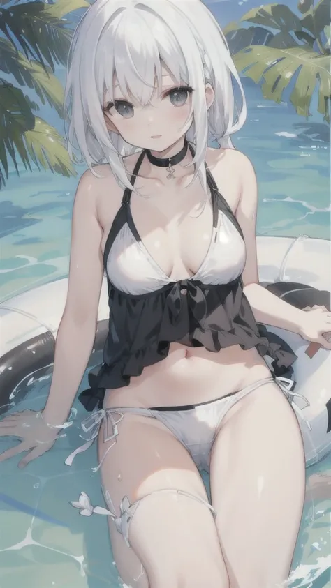 black and white hair，swimsuit