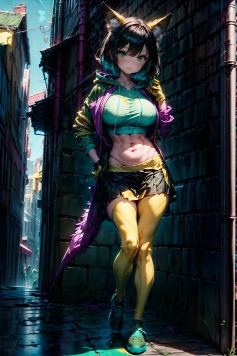 Oh, league of legend, sexy for, wallpapers, detailed eyes, fox ear, (fox tails), a skirt, (long pink fur), medium breasts, Looking at_Shown in_Looking atl espectador, short_hair, gloves, belly button, fail, blue_there are eyes, Eternal, full_body, weapon, ...