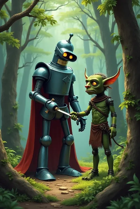 Bender from Futurama in knight armor stabbing a goblin in a forest
