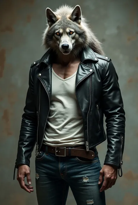 A pale vampire with a human body and a werewolf-headed hybrid, with a muscular body and wearing a black leather jacket with a white ripped t-shirt underneath and jeans with a belt where he carries a sword