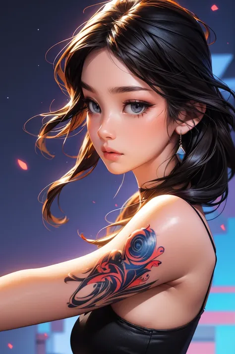 A beautiful woman with mesmerizing mandala tattoo on her back, long flowing dark hair, wearing sleeveless white top, 3D anime style render, intricate colorful mandala patterns with traditional and modern designs, deep purple and blue background, 3D effect,...