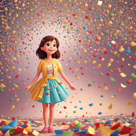 A person joyfully throwing handfuls of colorful confetti into the air, with the words "Spread Kindness Like Confetti" written in a playful, hand-lettered style. The confetti should be raining down around the person, creating a sense of celebration and posi...