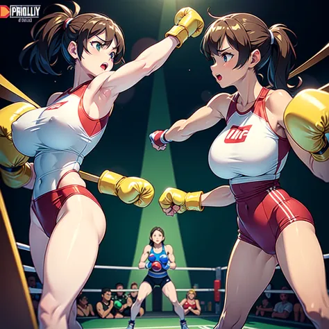 Good human art , Pixel Boxing style , Fullbody drawing , Fisting each other , NSFW , oversized oppai , boxing rings , Wear large boxing gloves In both hands ,Wear It is embroidered in gold Highleg athletic outfit, Celeblity.